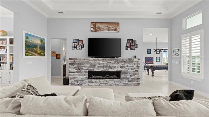 Billiard Table, Fireplace, Game Room, Interior, Living room, Pendant Lights, Recessed Lighting