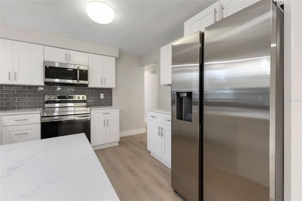 Interior, Kitchen, Stainless Steel Appliances, Wood Texture Flooring