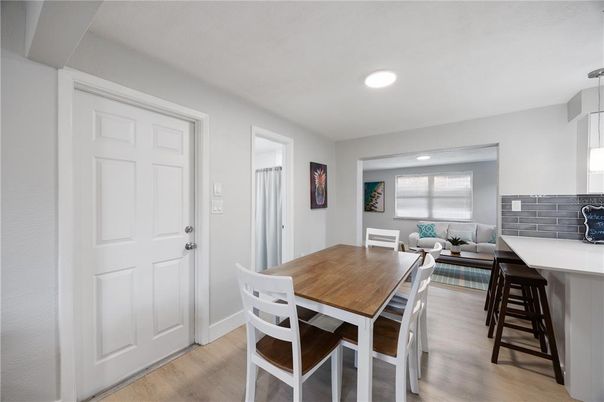Dining room, Interior, Pendant Lights, Recessed Lighting, Wood Texture Flooring