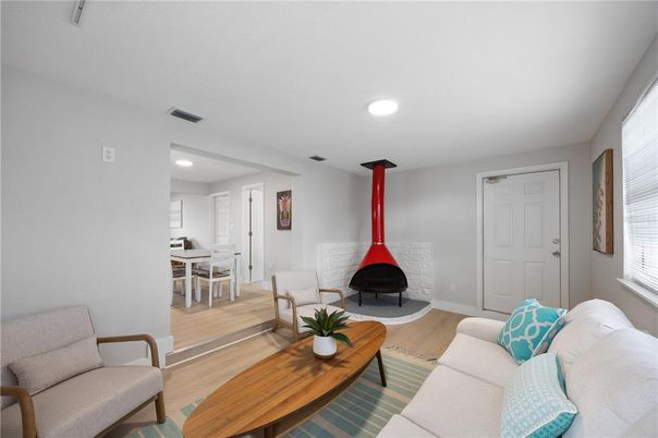 Dining room, Interior, Living room, Recessed Lighting, Wood Texture Flooring