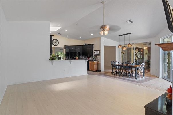 Dining room, Interior, Pendant Lights, Recessed Lighting, Wood Texture Flooring