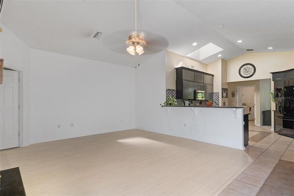 Empty room, Interior, Kitchen, Recessed Lighting, Wood Texture Flooring