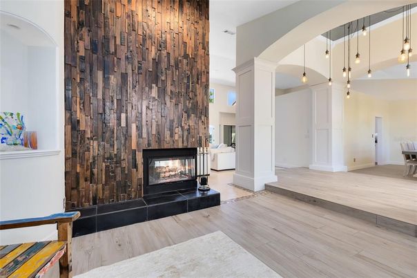 Fireplace, Interior, Pendant Lights, Wood Texture Flooring, Wooden Walls
