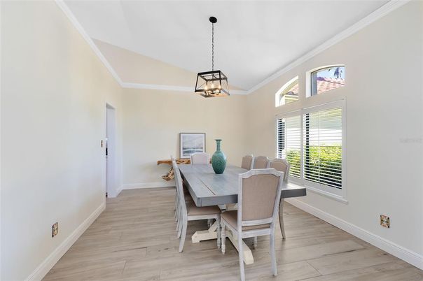 Dining room, Interior, Pendant Lights, Wood Texture Flooring