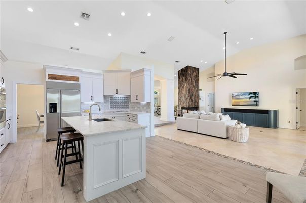 Interior, Kitchen, Living room, Recessed Lighting, Stainless Steel Appliances, Wood Texture Flooring
