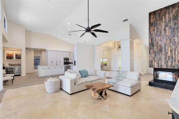 Fireplace, Interior, Kitchen, Living room, Pendant Lights, Recessed Lighting