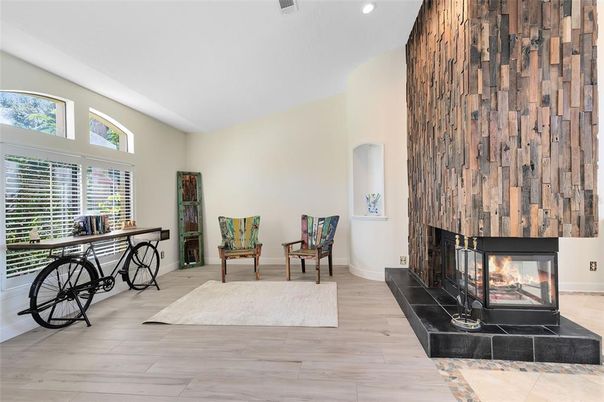 Fireplace, Interior, Recessed Lighting, Wood Texture Flooring, Wooden Walls