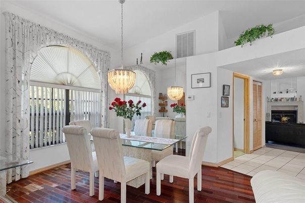 Dining room, Fireplace, Interior, Pendant Lights, Wood Texture Flooring