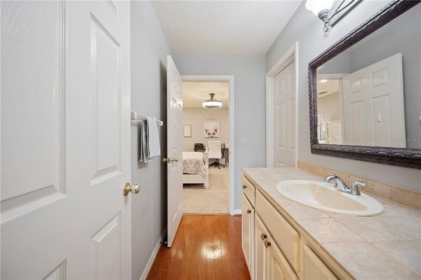 Bathroom, Interior, Tile Countertops, Wood Texture Flooring