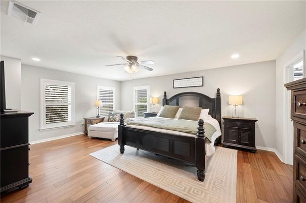 Bedroom, Interior, Recessed Lighting, Wood Texture Flooring