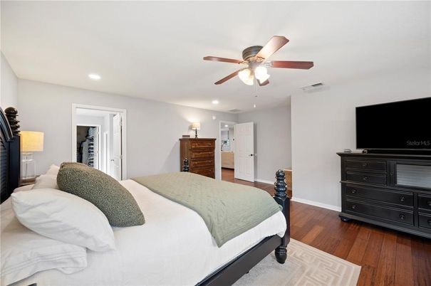 Bedroom, Interior, Recessed Lighting, Wood Texture Flooring