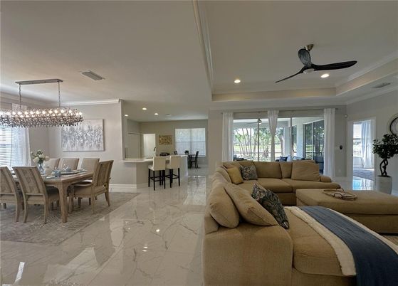 Chandelier, Dining room, Interior, Kitchen, Living room, Marble, Pendant Lights, Recessed Lighting
