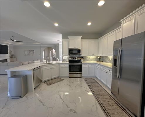 Interior, Kitchen, Marble, Recessed Lighting, Stainless Steel Appliances