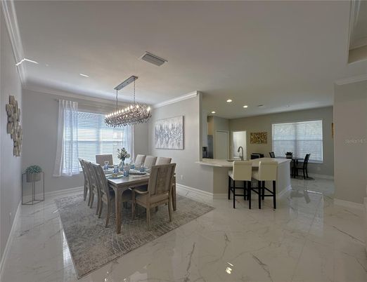 Chandelier, Dining room, Interior, Kitchen, Marble, Pendant Lights, Recessed Lighting