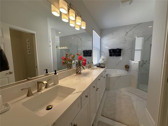 Bathroom, Dual Sink Vanities, Glass Shower, Interior, Marble, Marble Walls