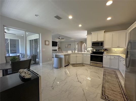 Dining room, Interior, Kitchen, Marble, Recessed Lighting, Stainless Steel Appliances
