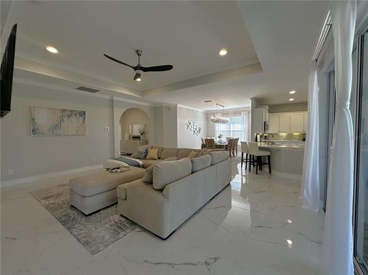 Dining room, Interior, Kitchen, Living room, Marble, Pendant Lights, Recessed Lighting