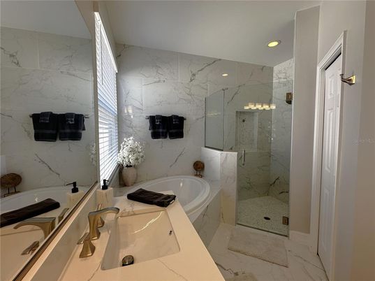Bathroom, Glass Shower, Interior, Marble, Marble Walls, Recessed Lighting