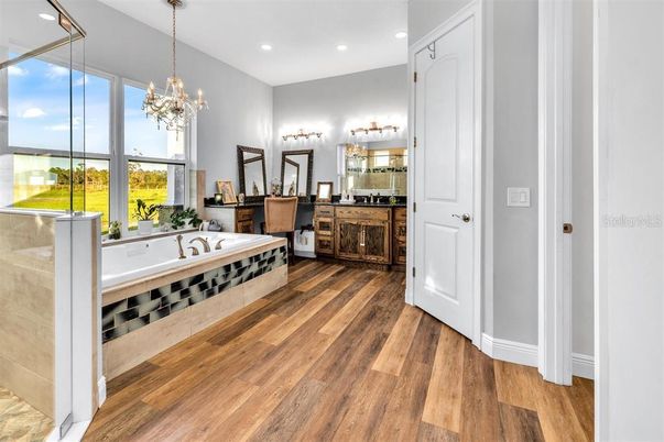 Bathroom, Chandelier, Interior, Recessed Lighting, Wood Texture Flooring