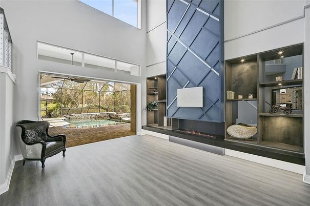 Fireplace, Interior, Pool, Wood Texture Flooring