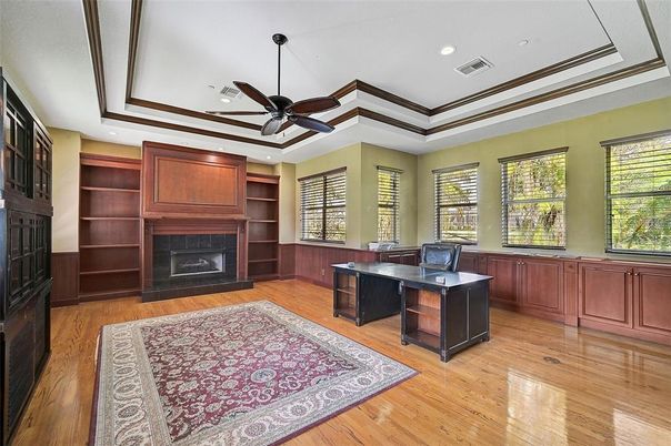 Fireplace, Home Office, Interior, Recessed Lighting, Wood Texture Flooring