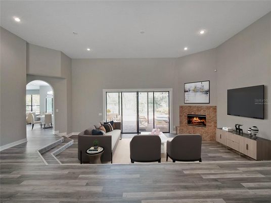 Fireplace, Interior, Living room, Recessed Lighting, Wood Texture Flooring