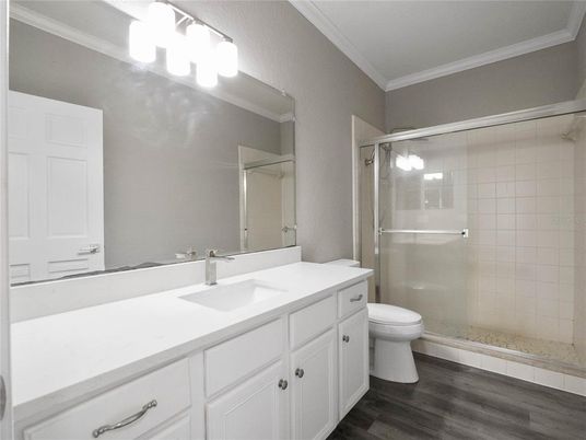 Bathroom, Glass Shower, Interior, Wood Texture Flooring