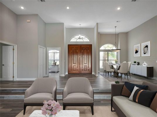 Dining room, Interior, Pendant Lights, Recessed Lighting, Wood Texture Flooring