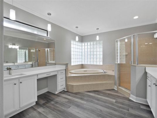 Bathroom, Glass Shower, Interior, Pendant Lights, Recessed Lighting, Wood Texture Flooring