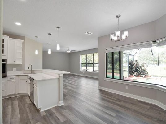 Interior, Kitchen, Pendant Lights, Recessed Lighting, Wood Texture Flooring