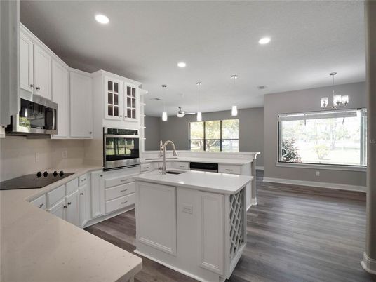 Interior, Kitchen, Pendant Lights, Recessed Lighting, Stainless Steel Appliances, Wood Texture Flooring