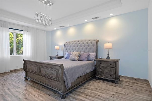 Bedroom, Interior, Pendant Lights, Recessed Lighting, Wood Texture Flooring