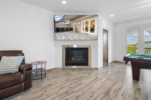 Billiard Table, Fireplace, Game Room, Interior, Recessed Lighting, Wood Texture Flooring