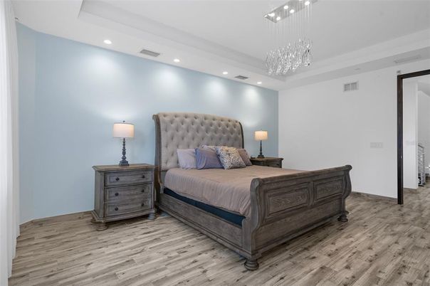 Bedroom, Interior, Pendant Lights, Recessed Lighting, Wood Texture Flooring
