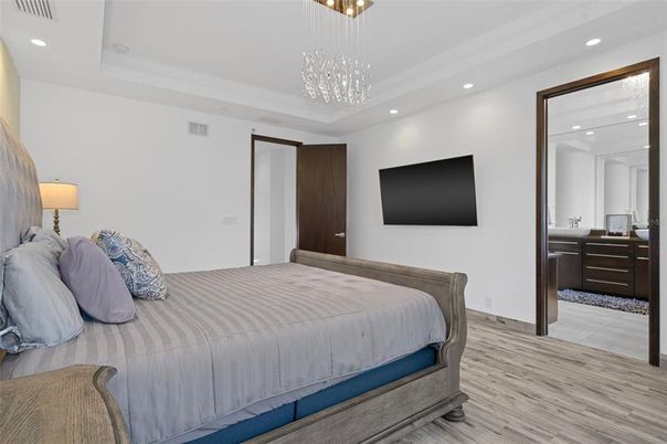 Bedroom, Chandelier, Interior, Pendant Lights, Recessed Lighting, Wood Texture Flooring