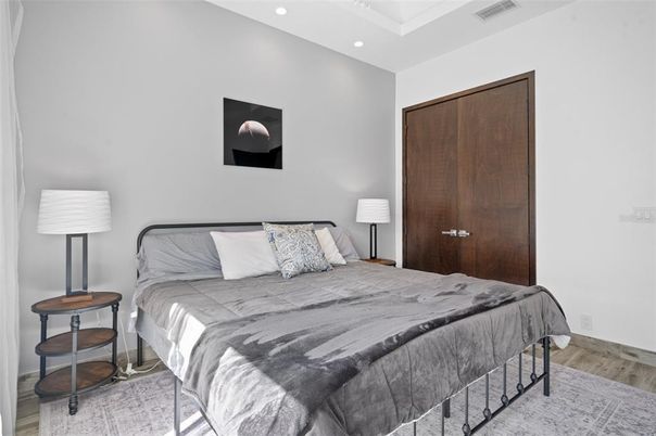 Bedroom, Interior, Recessed Lighting, Wood Texture Flooring