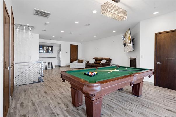 Billiard Table, Game Room, Interior, Recessed Lighting, Wood Texture Flooring