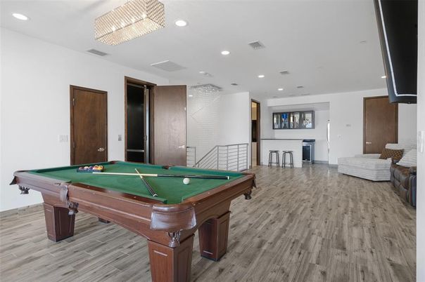 Billiard Table, Game Room, Interior, Recessed Lighting, Wood Texture Flooring
