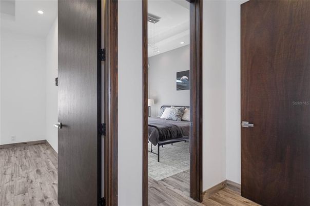 Bedroom, Interior, Recessed Lighting, Wood Texture Flooring