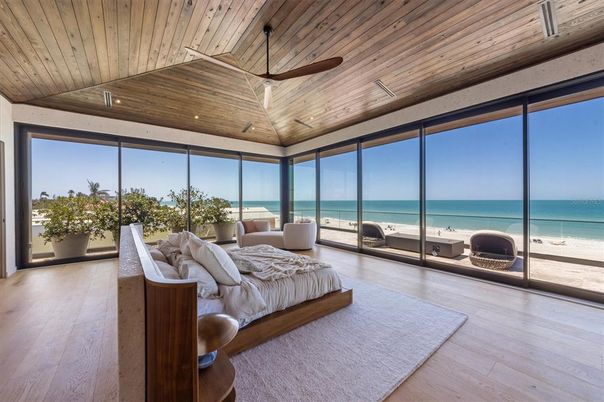 Bedroom, Fireplace, Interior, Recessed Lighting, Water, Wooden Ceilings, Wood Texture Flooring