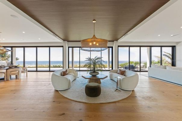Dining room, Interior, Living room, Pendant Lights, Recessed Lighting, Water, Wood Texture Flooring