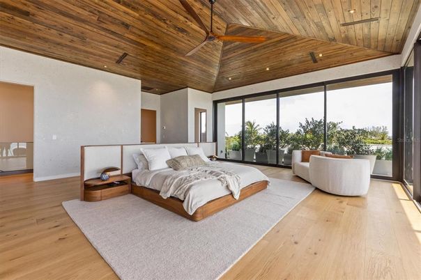 Bedroom, Interior, Recessed Lighting, Wooden Ceilings, Wood Texture Flooring