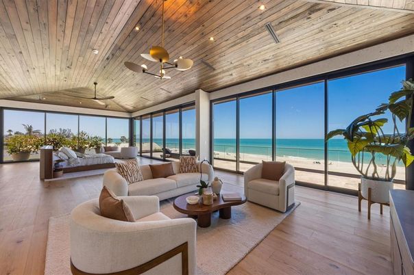 Interior, Living room, Pendant Lights, Recessed Lighting, Water, Wooden Ceilings, Wood Texture Flooring