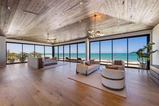 Interior, Living room, Pendant Lights, Recessed Lighting, Water, Wooden Ceilings, Wood Texture Flooring