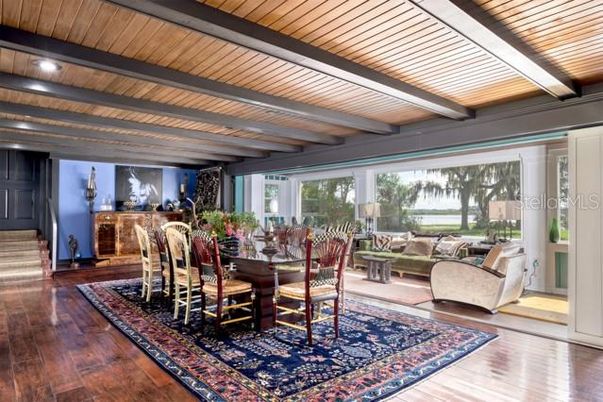 Dining room, Interior, Living room, Recessed Lighting, Wooden Beams, Wooden Ceilings, Wood Texture Flooring