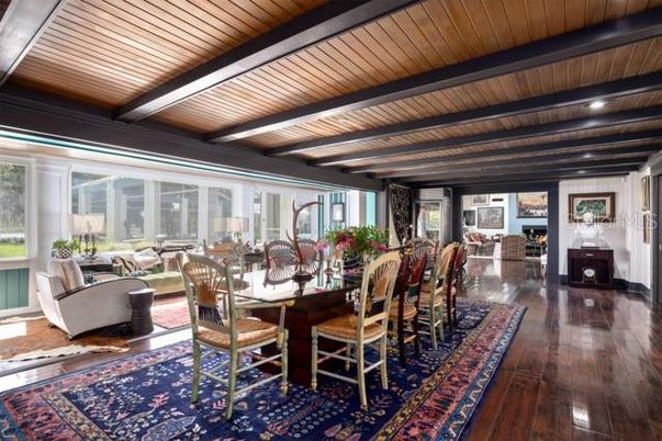 Dining room, Fireplace, Interior, Living room, Recessed Lighting, Wooden Beams, Wooden Ceilings, Wood Texture Flooring