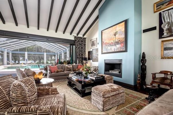 Fireplace, Interior, Living room, Pool, Sun Room