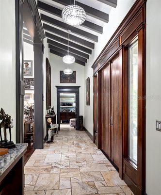 Fireplace, Interior, Pendant Lights, Wooden Beams