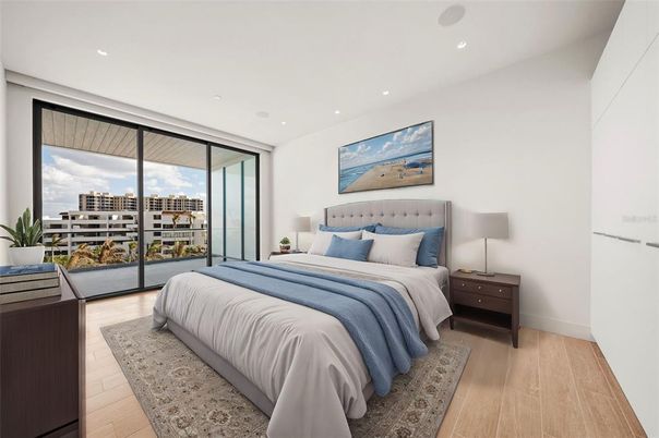 Bedroom, Interior, Recessed Lighting, Wood Texture Flooring