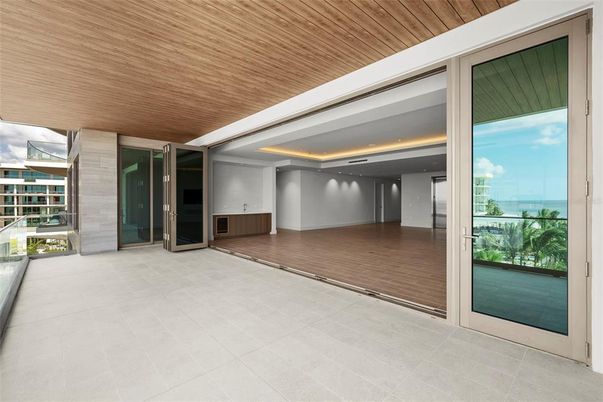 Empty room, Interior, Recessed Lighting, Water, Wooden Ceilings